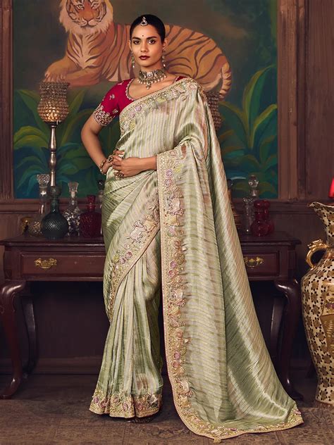 Sage Green Tissue Silk Saree with Maroon Contrast Blouse – Vasumatis