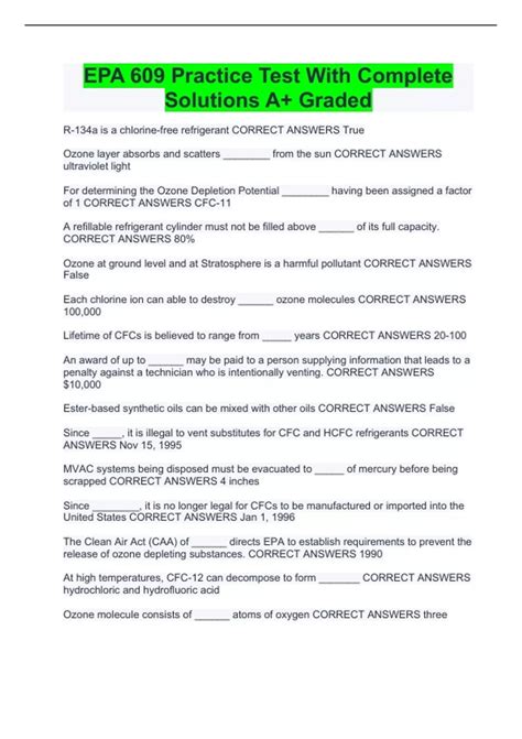 EPA 609 Practice Test With Complete Solutions A+ Graded - EPA 609 ...