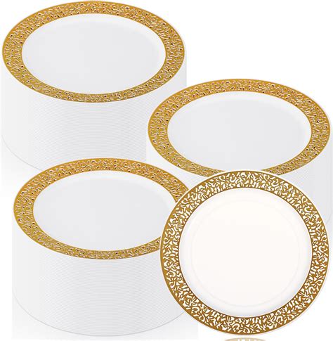 Amazon.com: Skylety 100 Pieces White and Gold Plastic Plates Bulk 6 ...