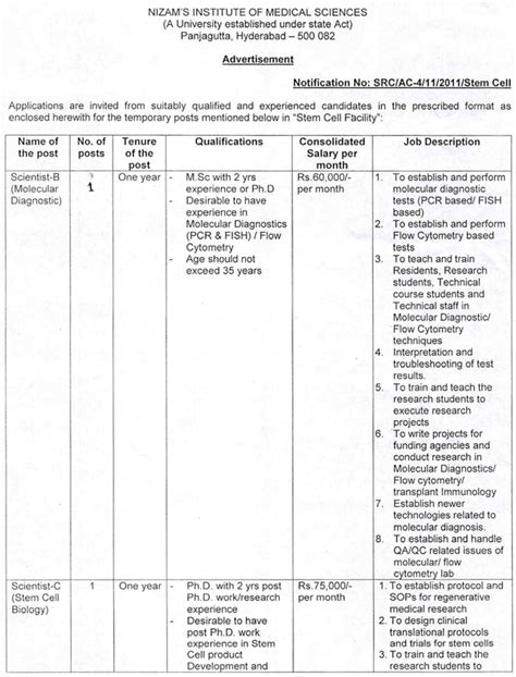 NIMS Hyderabad Molecular Dignostics/Stem Cell Biology Scientist ...
