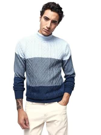 Buy Dennis Lingo Men's Cable Knit Colourblocked Turtle Neck Pullover ...