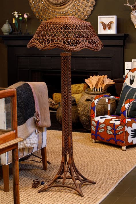 Art Deco Wicker Floor Lamp with Eiffel Tower Base and Lattice Shade For ...