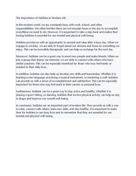 Hobbies Essay Random - The Importance of Hobbies in Modern Life In the modern world, we are ...