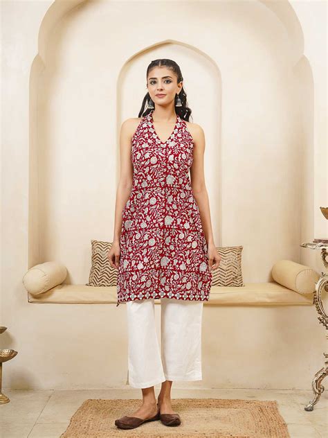 Sleeveless Cotton Halter Neck Kurti Red - Goodhand