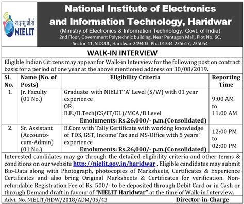 Walk-in Interview on Contract Basis at NIELIT Haridwar on 30th August ...