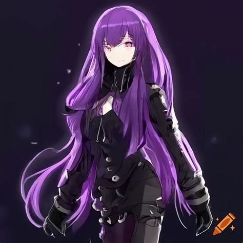 Anime character with dark purple hair, black outfit, and tall combat ...