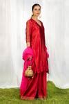 Buy Red Kurta Set Poly Silk, Stole Organza Floral V Neck With Scallop ...