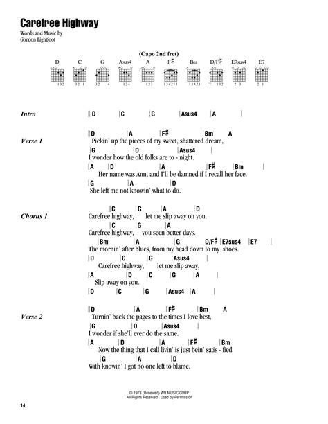 Carefree Highway by Gordon Lightfoot Sheet Music for Guitar Chords ...