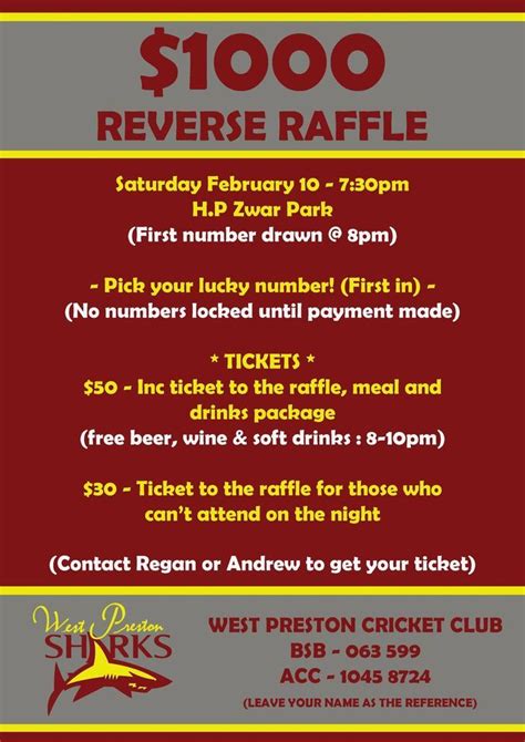 $1000 Reverse Raffle, Zwar Park, Preston, February 10 2024 | AllEvents.in