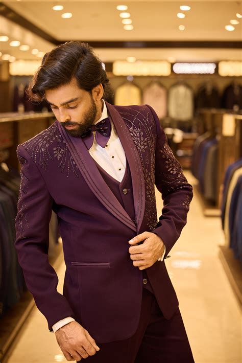 Rich purple colour 5 piece tuxedo suit crafted in premium polynosic fa