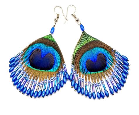 Swimmi Iridescent Peacock Feather Dangle Earrings, Hand Beaded Blue ...