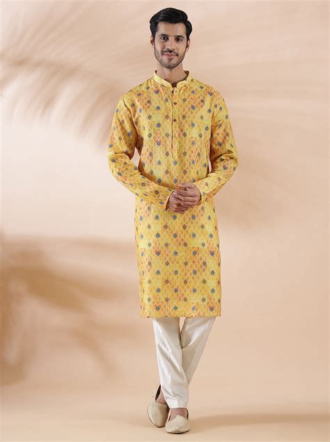Vibrant Yellow & Blue Printed Kurta For Men – The Kurta Company