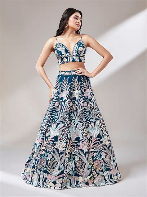 Navy blue Net Sequinse Work Semi-Stitched Lehenga & Unst