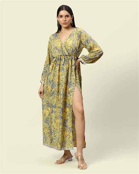 Yellow Vintage Print Long Dress | Shop Maxi Dress for Women Online