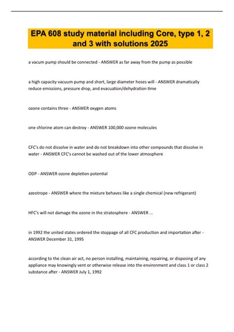 EPA 608 study material including Core, type 1, 2 and 3 with solutions ...
