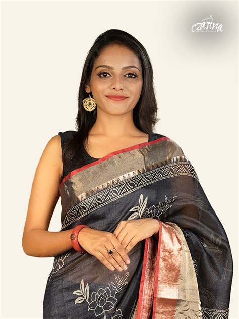 BLACK WITH BEIGE FLORAL MOTTIFS AND GOLD ZARI BORDER TUSSAR KOTA SAREE ...