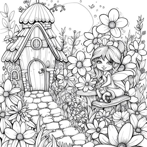 A girl in a garden with a house and flowers | Premium AI-generated image
