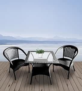 Ratan Indai Patio Seating 2 Chair and 1 Table Set with Glass Wicker ...