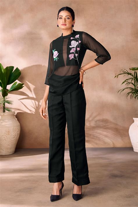 Shop for Black Embroidered Organza Co-Ord Set Online | Saree Buta | SS239