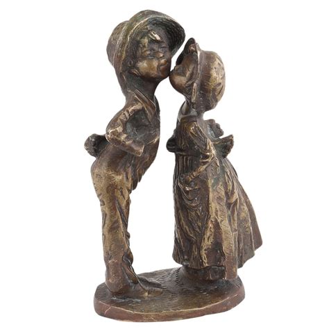 Handmade Patinated Gold Brass Girl Kissing Boy Statue