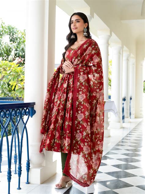 Buy Madiha Maroon Floral Embroidered Suit Set - Jaipuri Adaah