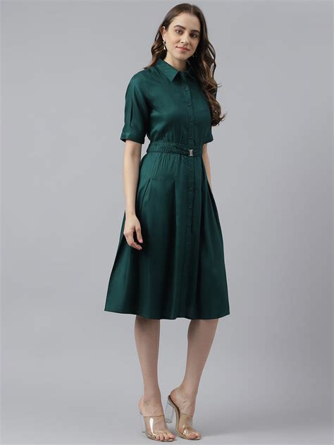 Green Solid Coller Neck With Roll On Sleeves Shirt Dress With Belt