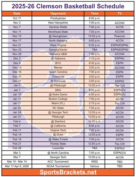 Printable 2025-26 Clemson Basketball Schedule; PDF format, TV ...