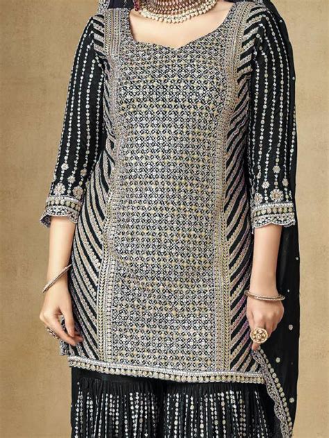 Buy Black Sequins Chinon Reception Wear Sharara Suit From Ethnic Plus