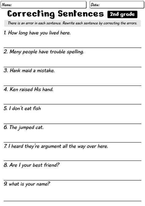 Printable 1st Grade Sentence Grammar Correction Worksheets - Preschool ...