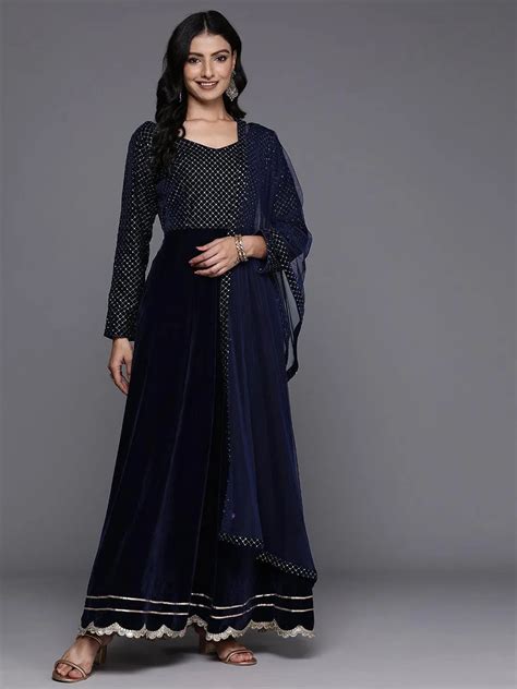Buy Blue Embroidered Velvet Anarkali Suit With Dupatta Online at Rs ...