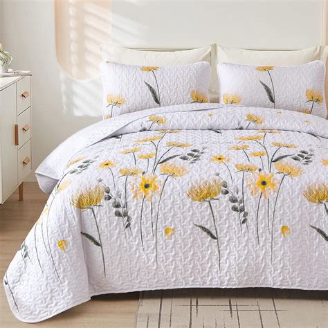 Quilt Set Queen Floral Bedspreads Coverlet Yellow Floral Quilts ...