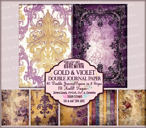 Purple and Gold Digital Printable Paper, Damask Violette and Gold ...