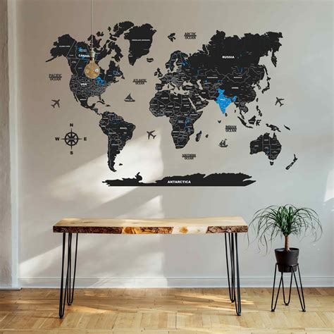 2D Black & Blue Wooden world map for wall • The Map Store