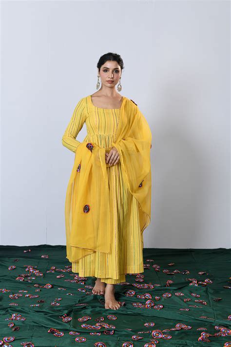 Genda Yellow Multicolor zari Lurex Round neck Anarkali with Pant and D