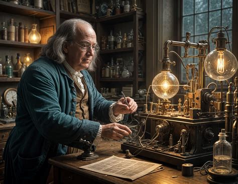 Benjamin Franklin in his lab finishing an electric invention, the lab is full of machine and ...