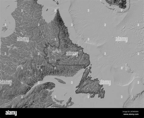 Newfoundland and Labrador, province of Canada. Bilevel elevation map with lakes and rivers Stock ...