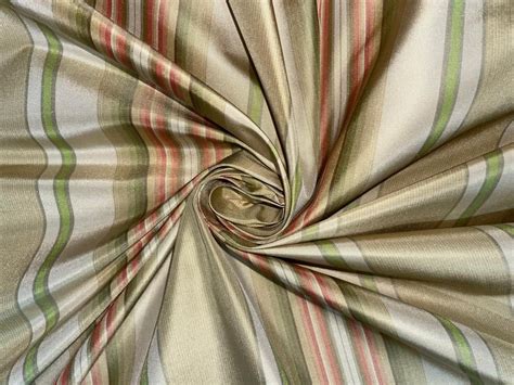 SILK TAFFETA STRIPE FABRIC GOLD,GREEN AND PINK COLOR 54" wide TAFS#26 ...