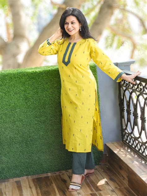Mishthi Lemon Yellow Mirror Work Patch in Thread Waved Cotton 2 Piece ...