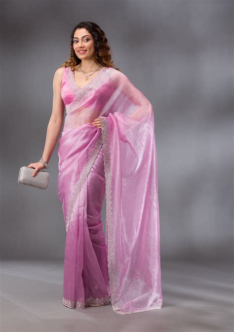 Buy Onion Pink Stonework Tissue Saree - Koskii
