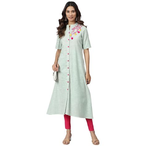 JAIPUR ATTIRE Women's Cotton Slub Embroidered Pattern Banded Collar ...