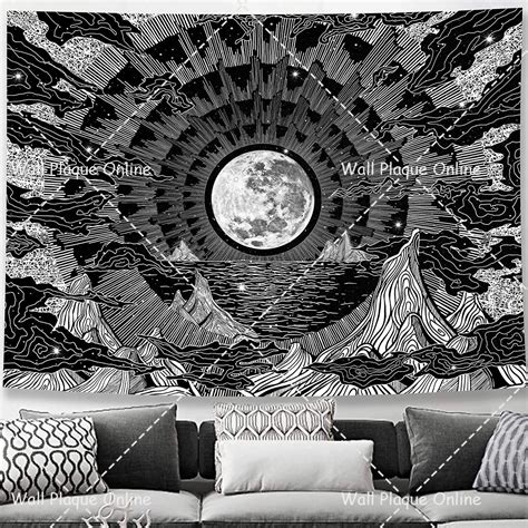 Moon And Star Tapestry Wall Hanging Cloud Black White Ceiling ...