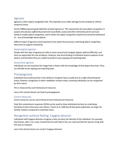 Agnosia and Prosopagnosia - Agnosia Agnosia is when object recognition ...