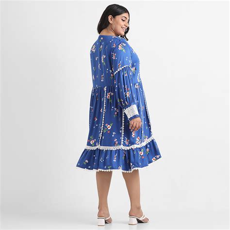 Plus Size Royal Blue Printed Lace Insert Rayon Short Dress by CALAE ...