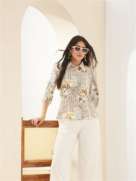 Latin Quarters Women White Collared 3/4th Sleeves Printed Casual Shirt