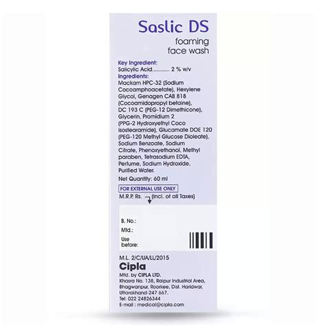 Cipla Saslic DS Foaming Face Wash, 60 ml Price, Uses, Side Effects ...
