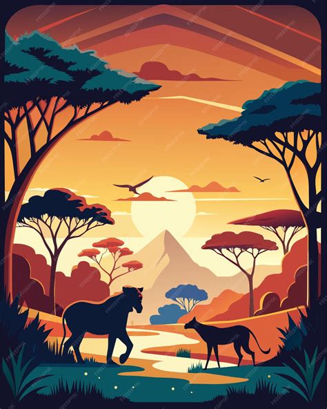 Serengeti national park poster flat style typical animal and tree silhouettes graphic vector ...