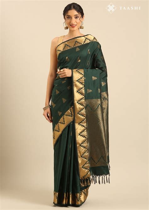 Buy Dark Green Temple Butta Kanchipuram Saree - Taashi Online - Taashi