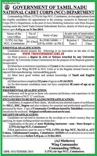 NCC Directorate Chennai Recruitment of Aeromodelling Instructor cum ...
