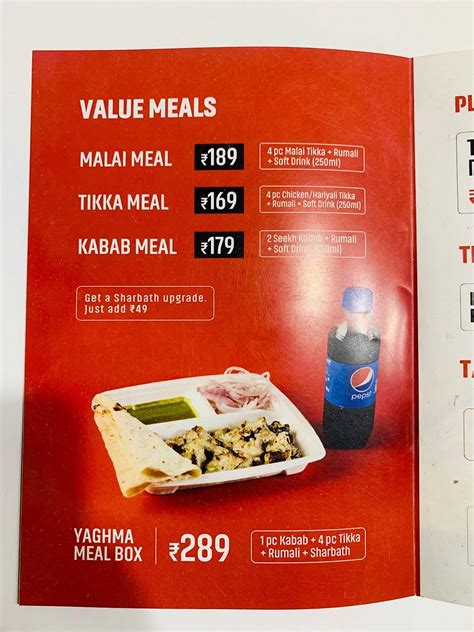 Menu at Yaghma Kababs, Manjeri