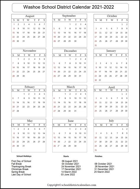 Washoe School District 2022-2023 Calendar With Holidays